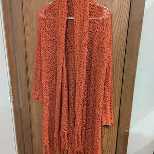 Sivana Handwoven Riva Open Knit Duster Cardigan Rusty Orange Fringe-OS